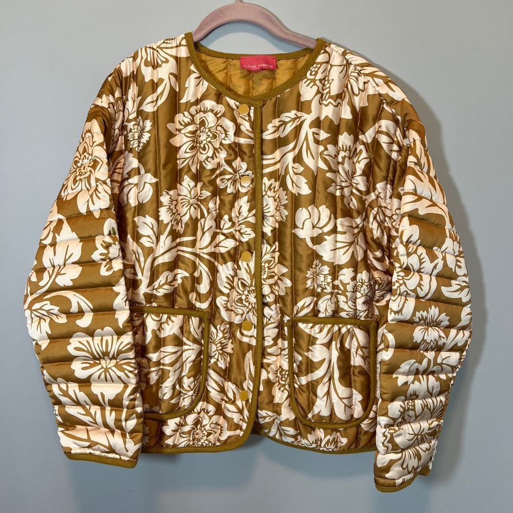 Flying Tomato Floral Quilted Puffer Jacket Mustard Gold Cream Boho Medium